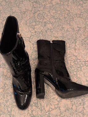 **MARC CAIN Black Patent Ankle Boots Block Heel Zip Up Square Toe Glossy Stateme